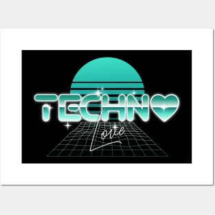 TECHNO  - Synthwave Heart Grid (Teal) Posters and Art